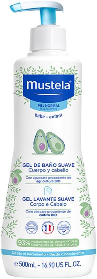 Mustela BR Gel Lavante Suave Com Abacate Orgânico 500Ml - Sabonete Líquido Corpo e Cabelo Para Bebês 93% De Ingredientes De Origem Natural Fórmula Biodegradável - Mustela Bebê e Criança