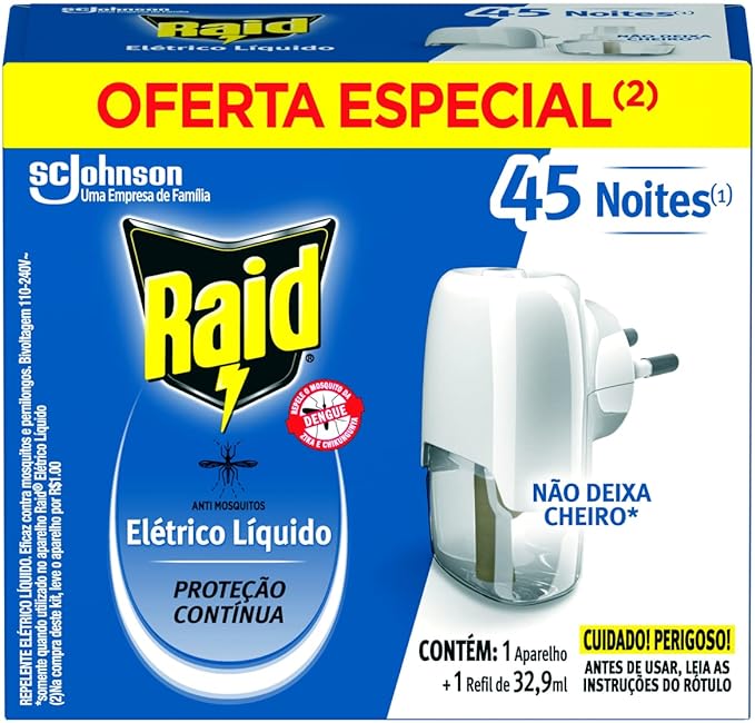 Repelente Elétrico Líquido Raid Anti Mosquitos 1 Aparelho + 1 Refil de 32